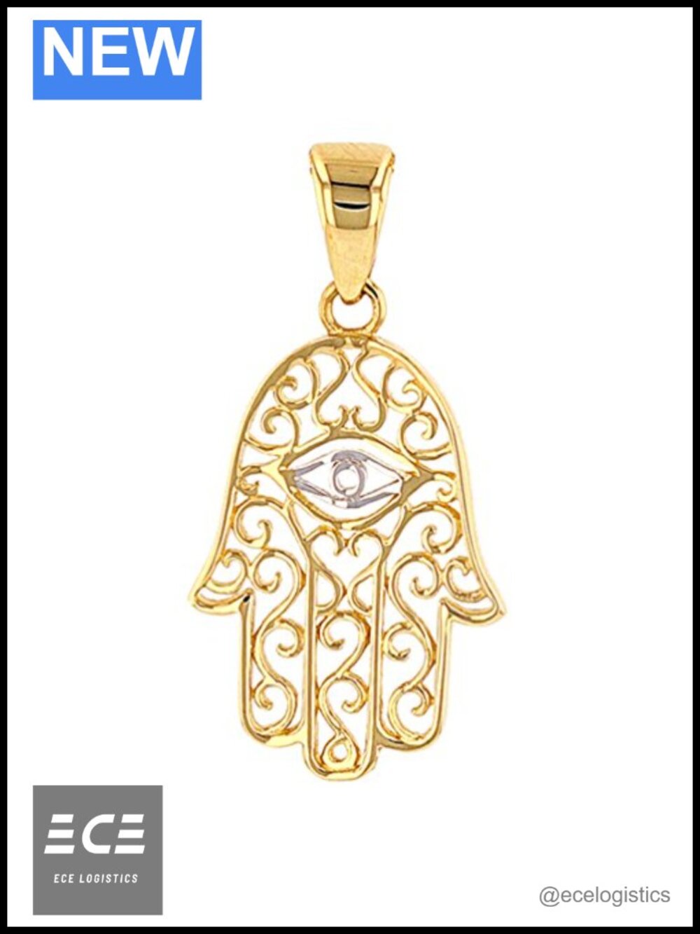 Solid 14K Gold Filigree Hamsa Hand Evil Eye Charm Pendant